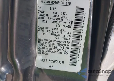 1995 Nissan Pathfinder Xe/Le from USA, damaged, VIN JN8HD17S2SW093595